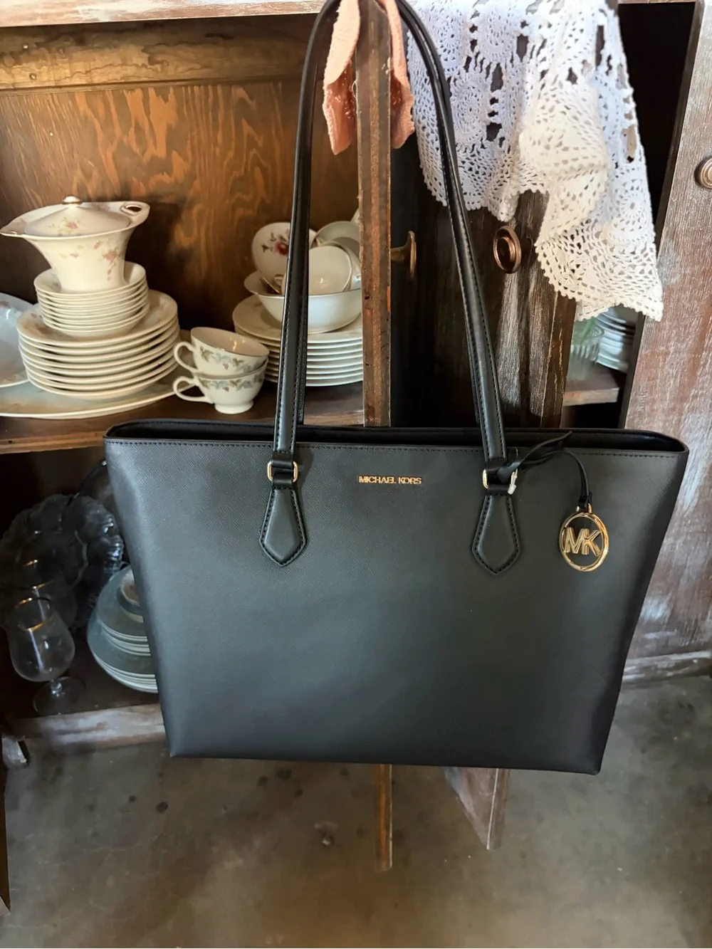 Michael Kors Black Tote with Gold MK Charm - Picture 2 of 8